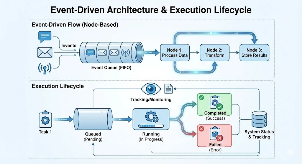 이벤트가 발생하여 큐에 쌓이고 각 노드를 거쳐 실행이 완료되는 라이프사이클 다이어그램