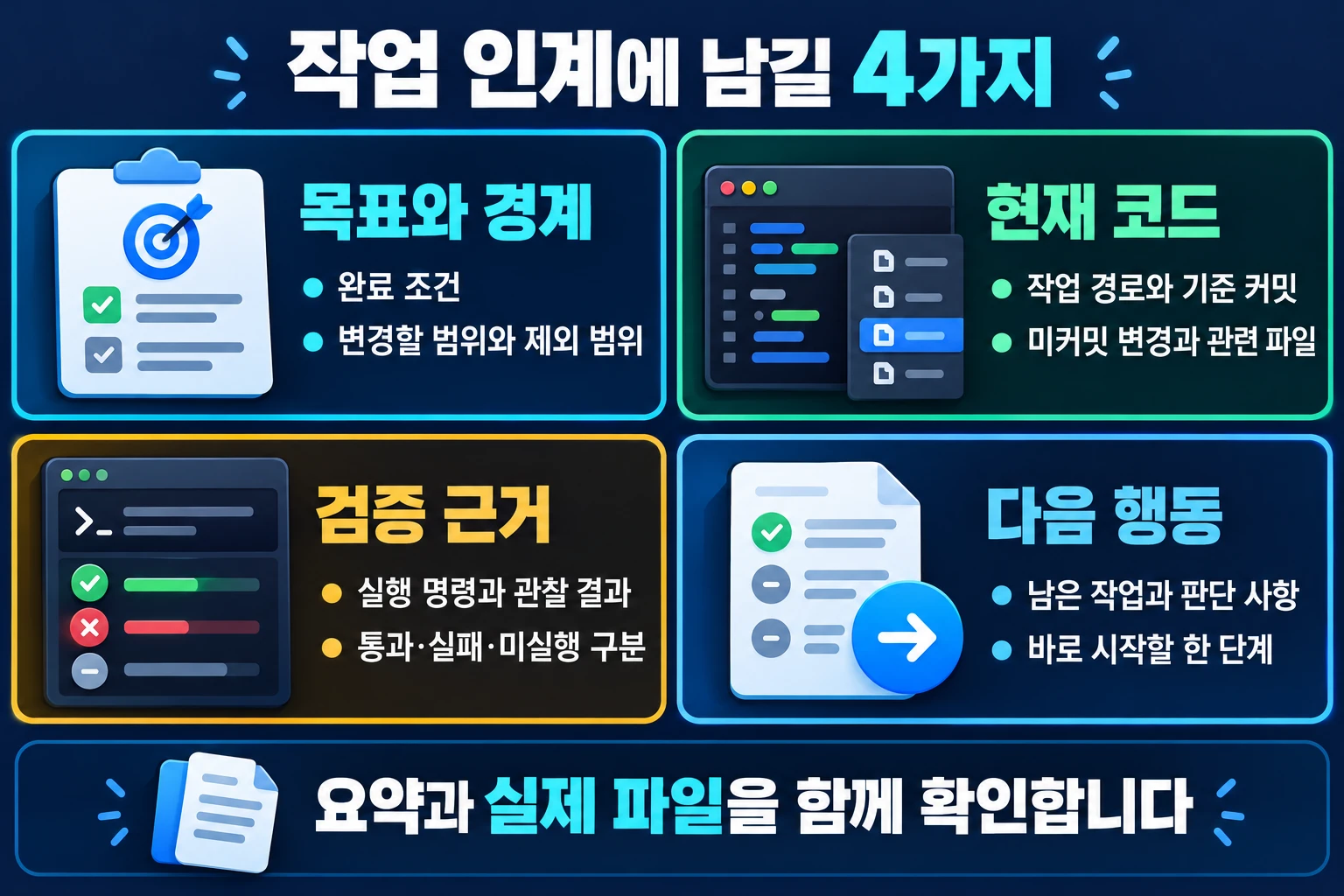 작업 인계 기록의 목표와 경계, 현재 코드, 검증 근거, 다음 행동을 정리한 인포그래픽
