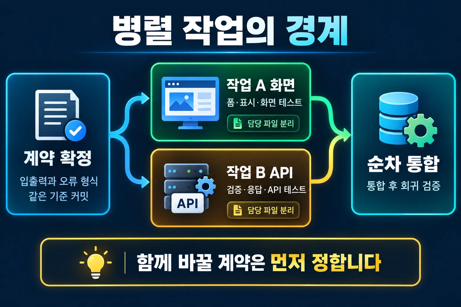 입출력 계약과 기준 커밋을 정한 뒤 화면과 API를 병렬 구현하고 순차 통합과 회귀 검증으로 연결하는 작업 분할