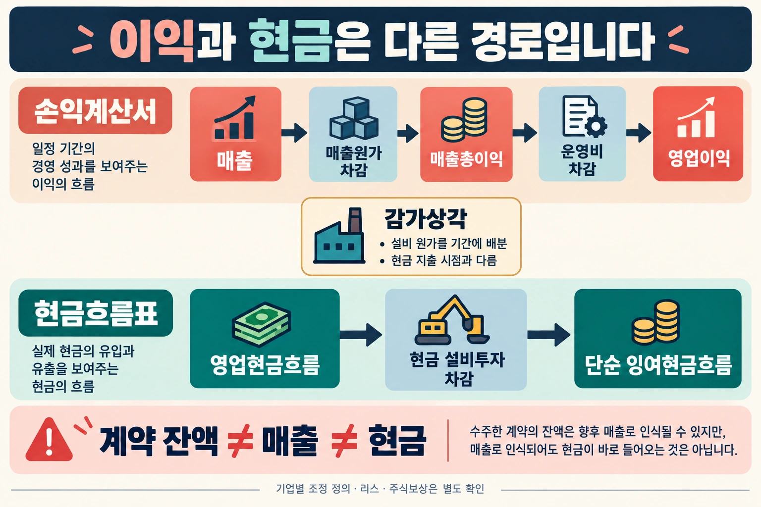 매출에서 영업이익으로 가는 손익 경로와 영업현금흐름에서 현금 설비투자를 차감하는 경로를 구분한 재무 지도