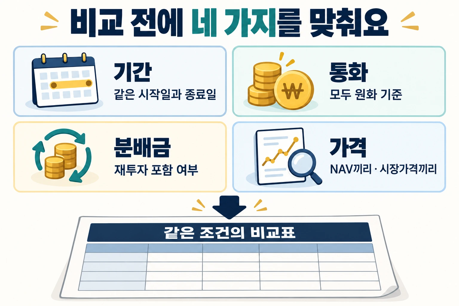 비교 전에 기간·통화·분배금·가격 기준을 맞추는 네 가지 확인 항목