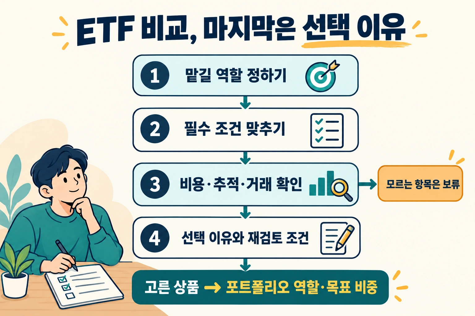 투자 역할과 필수 조건을 정하고 비용·추적·거래를 확인한 뒤 선택 또는 보류 이유를 남기는 흐름
