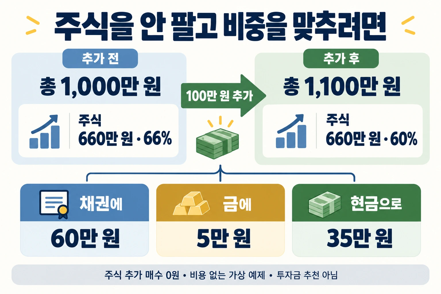 가상 예제에서 주식 660만 원을 유지하고 채권 60만 원·금 5만 원·현금 35만 원으로 새 돈 100만 원을 배분해 주식 비중을 66%에서 60%로 맞추는 도표