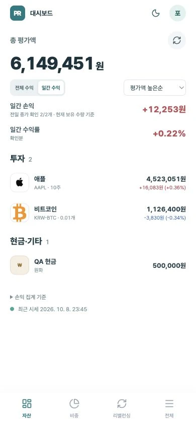 모바일 대시보드의 일간 손익과 자산 목록