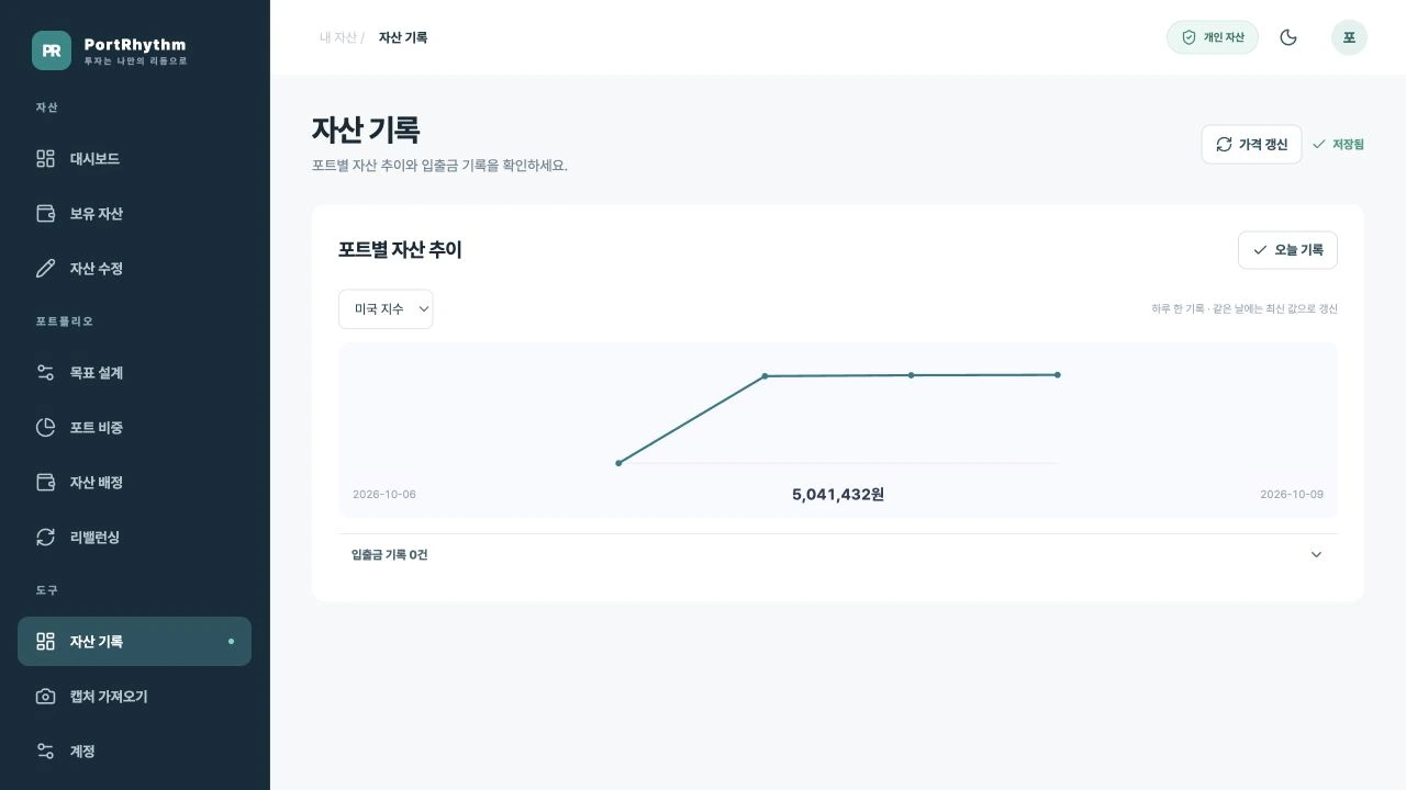 PC에서 미국 지수 포트를 선택한 자산 추이 화면