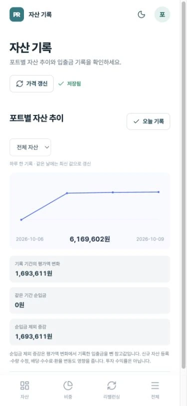 모바일 전체 자산 추이와 평가액 변화, 같은 기간 순입금, 순입금 제외 증감