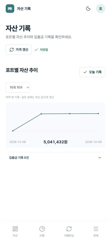 모바일에서 미국 지수 포트를 선택한 평가액 추이